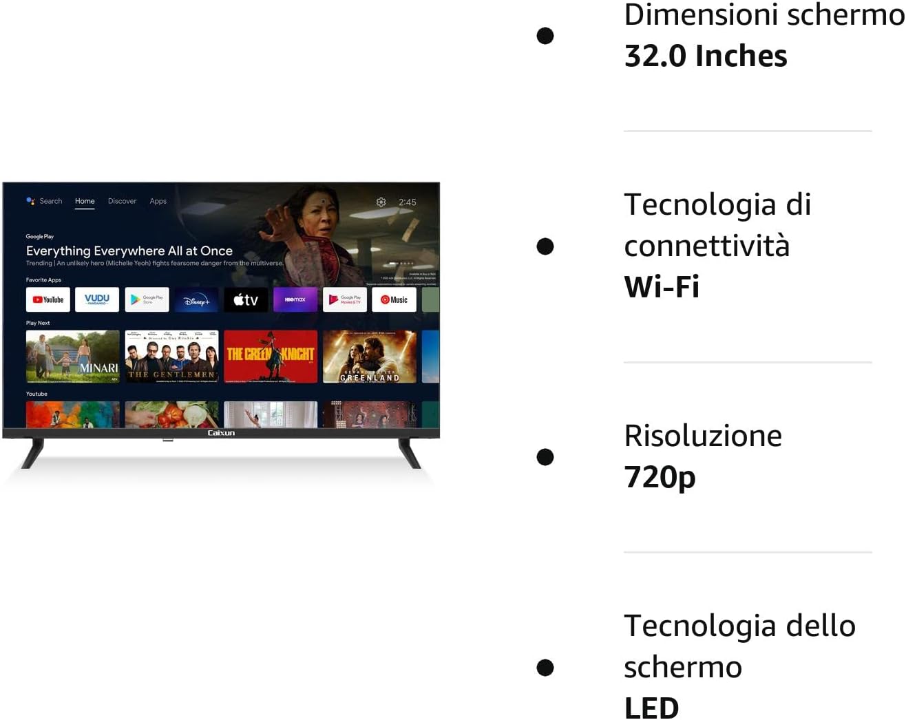 Caixun Smart TV 32 Pollici Android TV, HD Televisori con WiFi, Bluetooth, Chromecast Built-in, 3 HDMI, 2 USB, Senza Cornice, EC32V1HA Caixun Smart TV 32 Pollici Android TV, HD Televisori con WiFi, Bluetooth, Chromecast Built-in, 3 HDMI, 2 USB, Senza Cornice, EC32V1HA