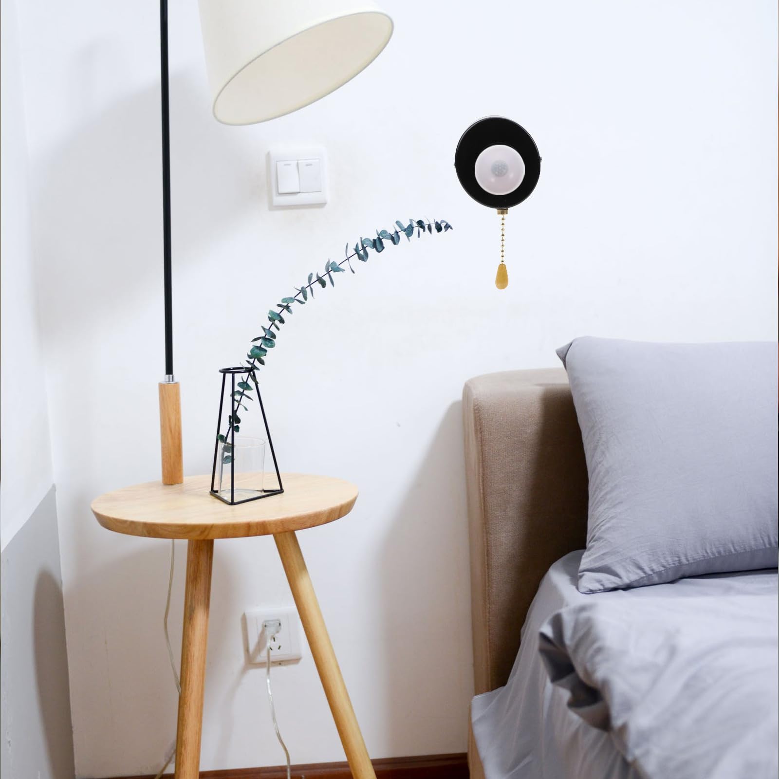 ULTECHNOVO Portalámparas con Interruptor de Cuerda para Lámparas de Dormitorio, Acero Inoxidable Negro, Fácil de Instalar para Hogar y Tienda