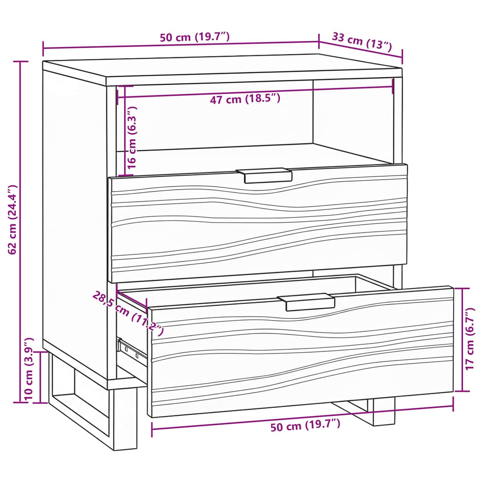 Stolik nocny z naturalnego materiału drewnopochodnego 50 x 33 x 62 cm z 2 szufladami i regałem, rustykalna szafka nocna jako stolik pomocniczy z miejscem do przechowywania do sypialni, salonu