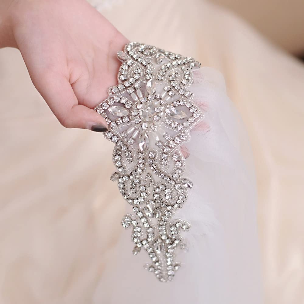 Ślub Welony ślubne Kryształowy welon wysadzany koralikami z kryształową krawędzią Rhinestone Welon ślubny z opaską Błyszczący welon (Color : White, Size : 120cm)