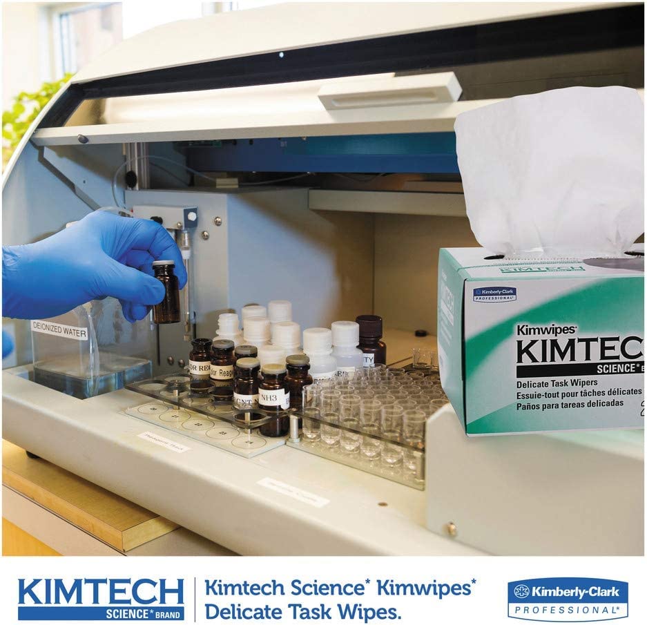 B0013HT2QW– Kimtech Science KimWipes Delicate Task Wipers; 4.4 x 8.4 in. (11.2 x 21.3cm); 1-ply 286 Count