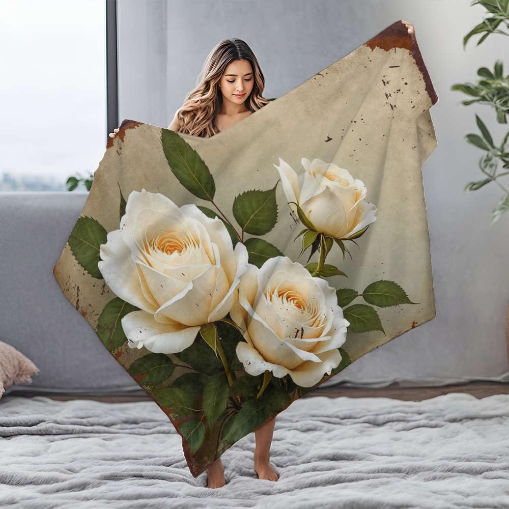 Couverture de plage motif roses blanches pour pique-nique estival