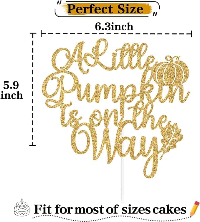 TrifleArte A Little Pumpkin is on the Way Cake Topper | Gold Glitter Cake Topper | Pumpkin Theme Party Cake Decoration | Pumpkin Theme Celebration 1