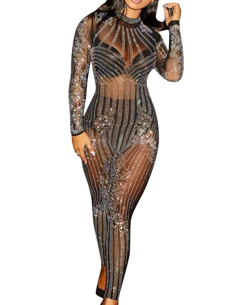 Wenchuang Womens Long Sleeve See Through Mesh Rhinestone Sparkly Bodycon Jumpsuit Clubwear Black S