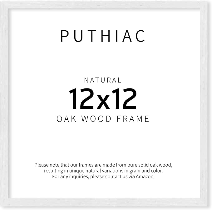 puthiac 12x12 White Oak Wood Picture Frame - Minimalist 12x12 Poster Frame, 12"x12" Picture Frame Wood, Natural Solid Wooden Picture Frames for Wall Art Photo and Prints (1 Pack, White)