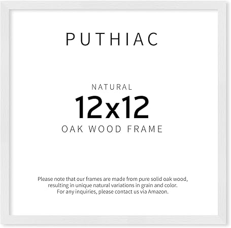 puthiac 12x12 White Oak Wood Picture Frame - Minimalist 12x12 Poster Frame, 12"x12" Picture Frame Wood, Natural Solid Wooden Picture Frames for Wall Art Photo and Prints (1 Pack, White)