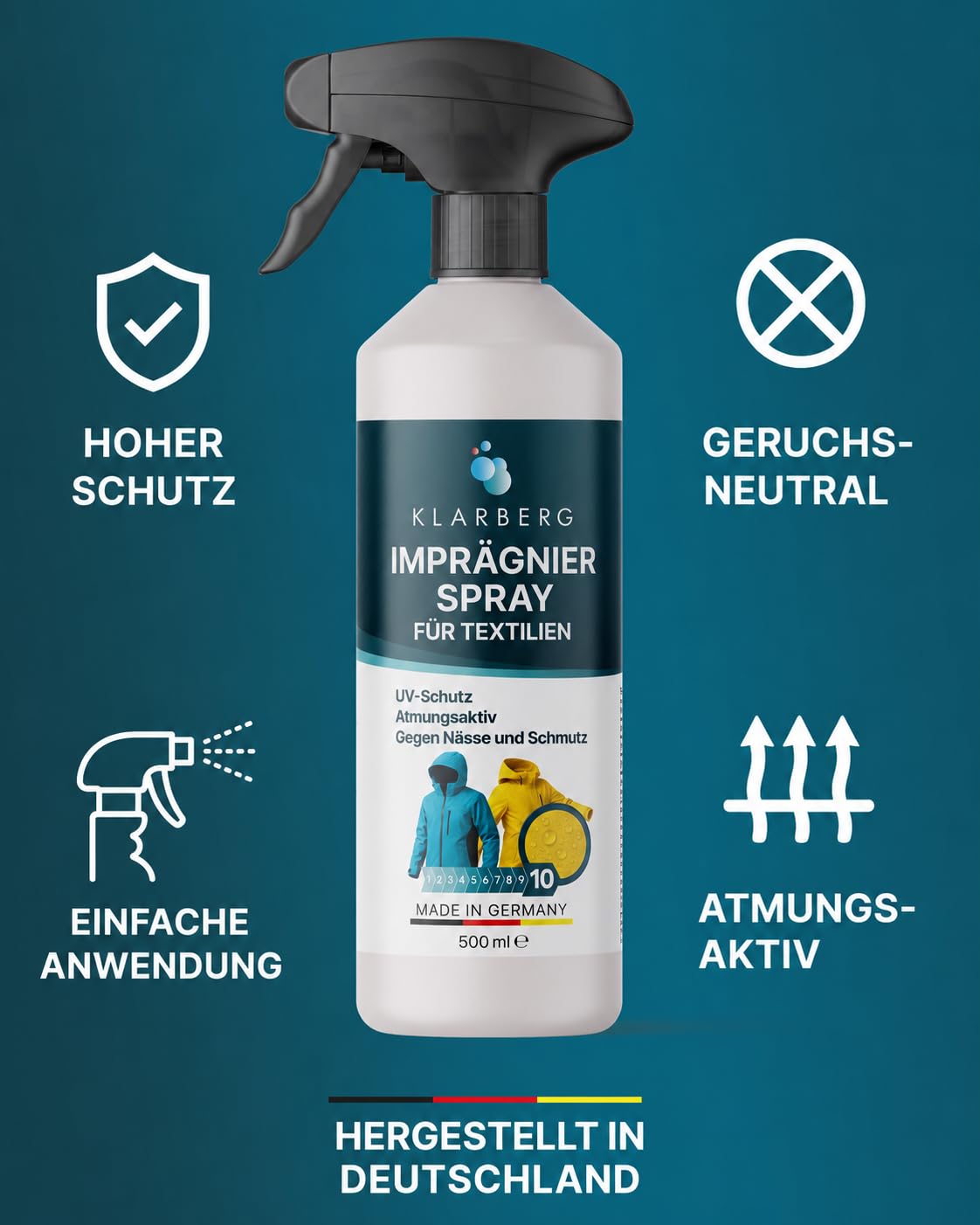 KLARBERG Tekstylna kurtka impregnująca w sprayu – oddychająca impregnacja do tkanin funkcjonalnych i materiałów syntetycznych – od kurtek i mebli tapicerowanych aż po dywan i odzież outdoorowa
