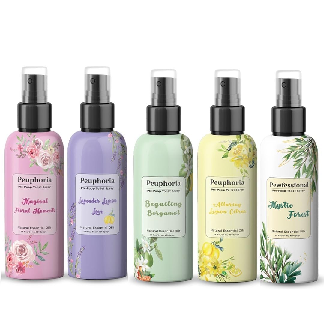 Peuphoria Before‑You‑Go Toilet Poop Spray – Instantly Blocks Bathroom Odors – Pre‑Poo Poop Spray & Air Freshener – 2.5 oz Travel Size (5‑Pack)