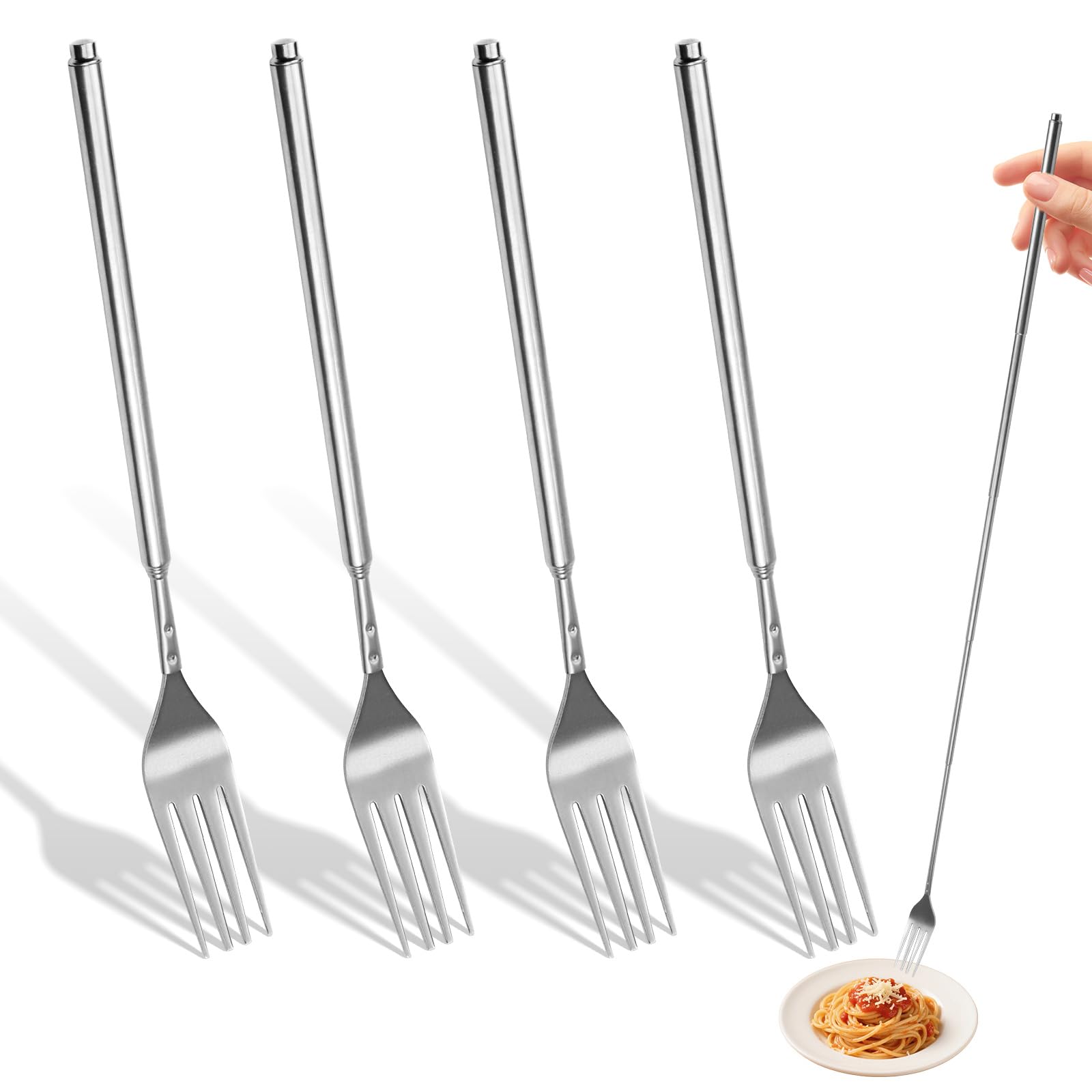 4 Pcs Forchetta Allungabile, Forchetta Telescopico in Acciaio Inox, Forchette Allungabili con Manico Regolabile 23–64,5 cm, Compatte per BBQ, Cucina, Frutta, Dessert