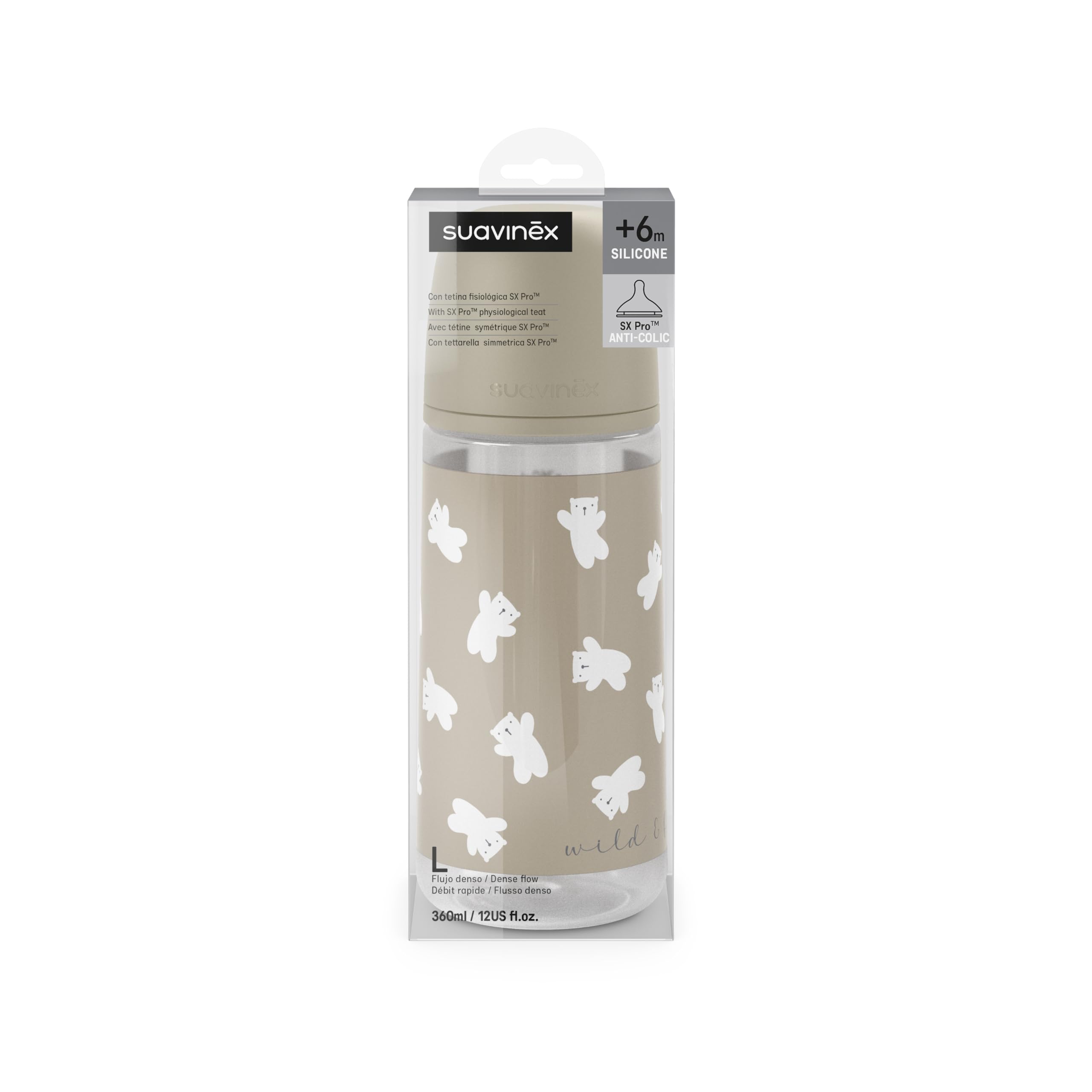 Suavinex, Biberon da 360 ml con Tettarella Fisiologica SX Pro in Silicone con Valvola Anticolica, a Flusso Denso (L), per Liquidi Densi, Adatto per Pappe Liquide. Neonati +6 mesi. Wild&Free, Beige