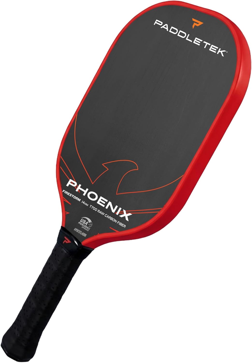 Paddletek Phoenix Firestorm – 14mm Pickleball Paddle – Elongated Shape for Extended Reach – Raw Carbon Fiber Face – Polypropylene Honeycomb Core – USAPA Approved Pickle Ball Paddle – 5.5 Inch Handle