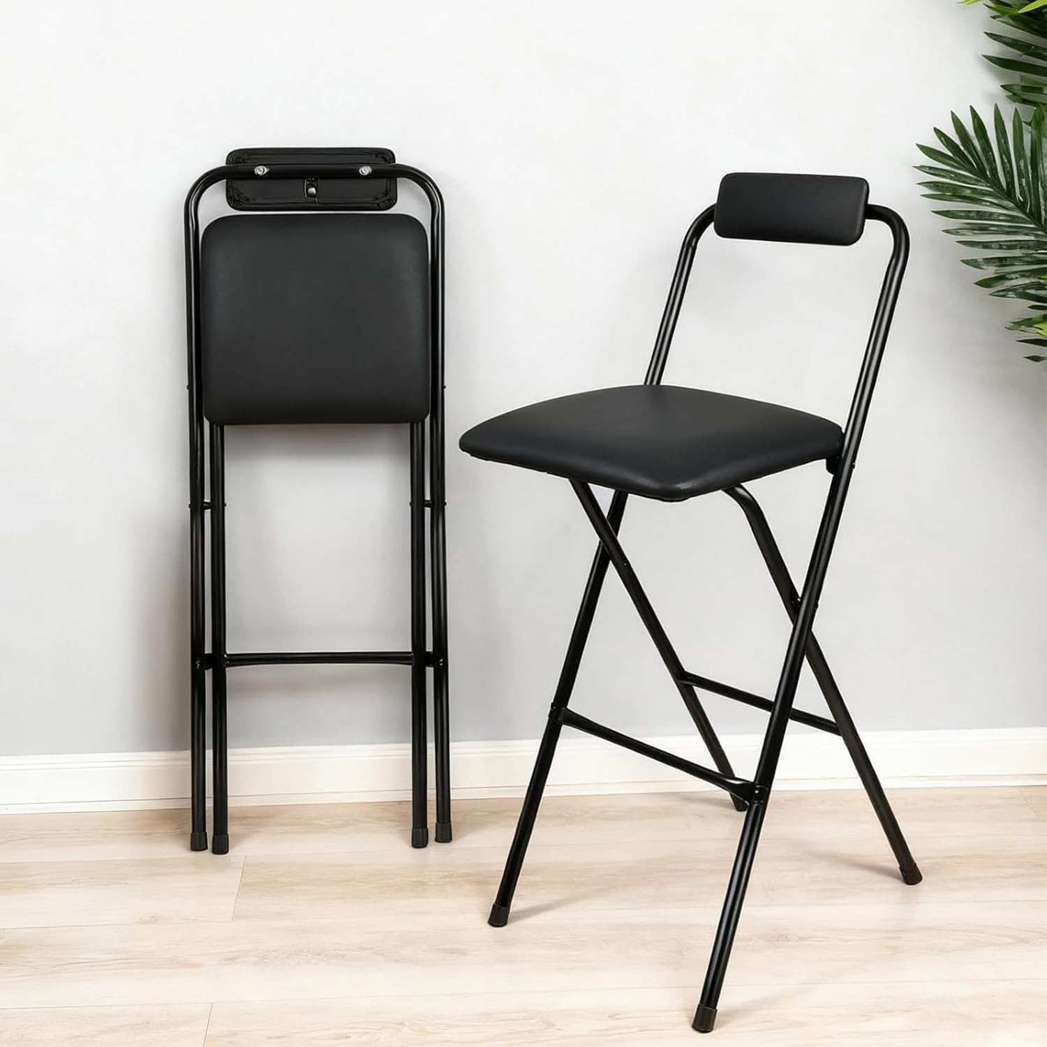 Folding Bar Stool with Back, 1PCS Tall Foldable Stool Chair Portable Collapsible for Adult Stools Counter Height Seat Leather Padded Kitchen Shop Comfortable Sturdy 29.5 Inch