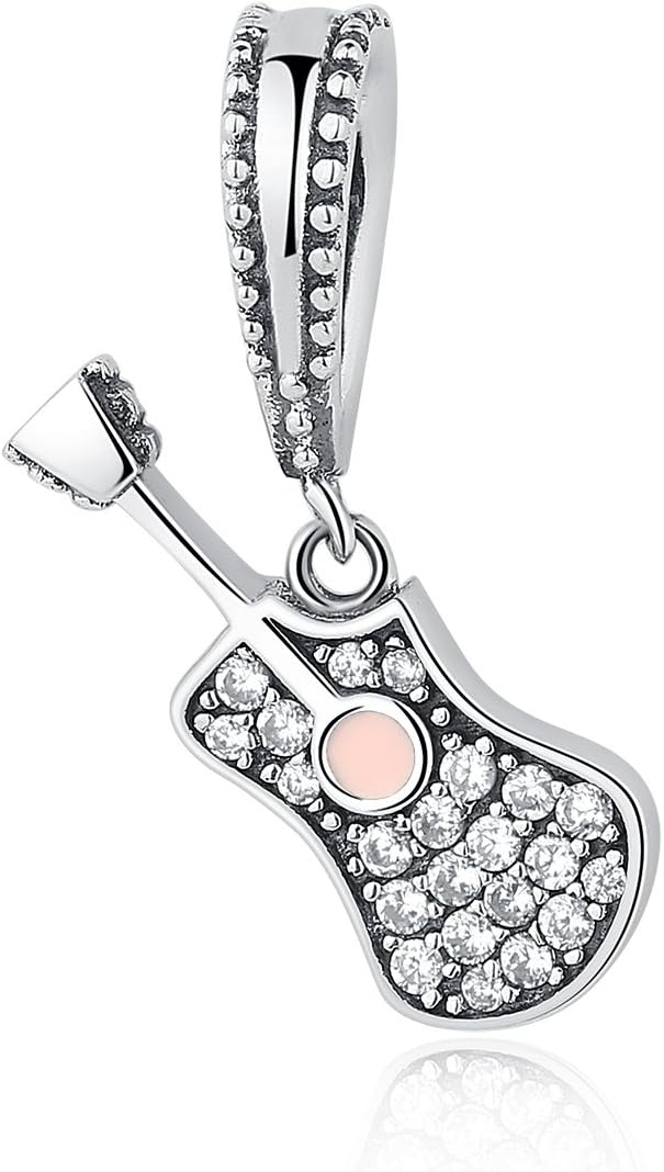 CHENGMEN Guitar Music 925 Sterling Silver Pendant Charms for Bracelets Musical Pink Enamel Bead Charm Jewellery