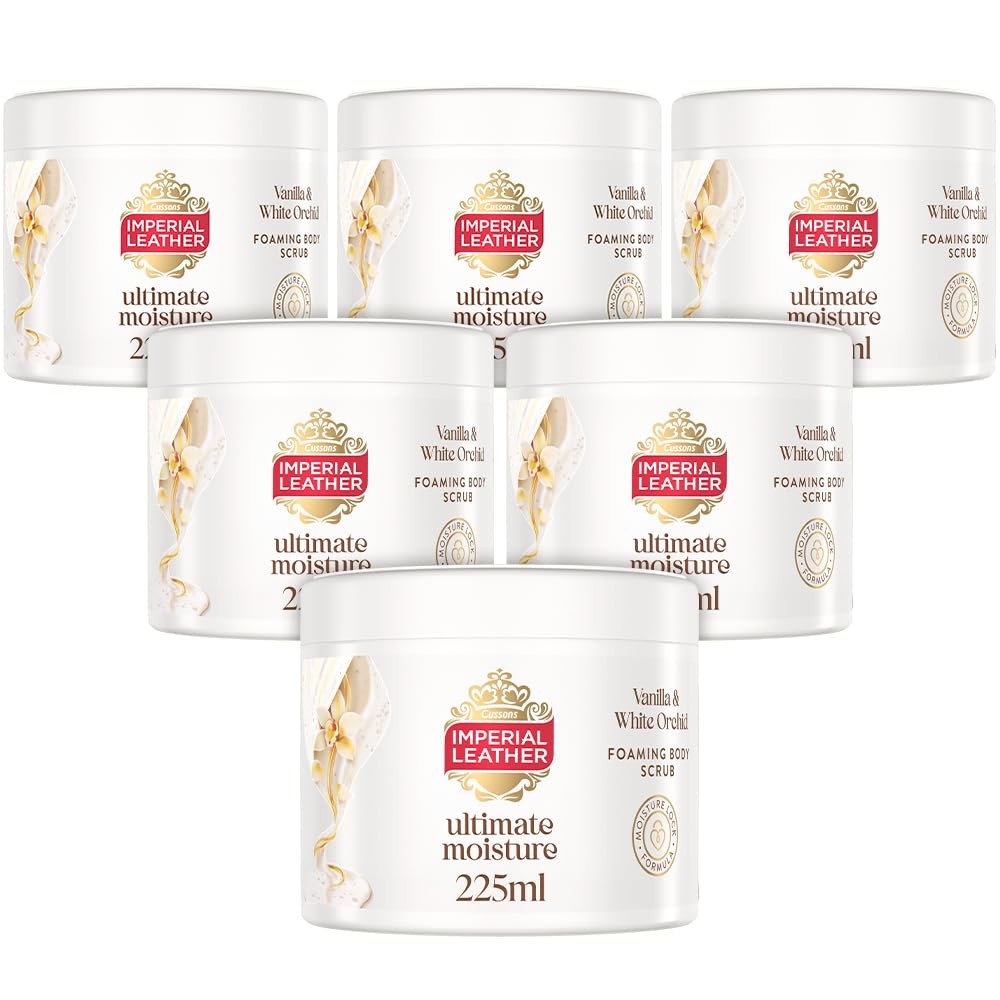 Imperial Leather Ultimate Moisture Vanilla & White Orchid Foaming Exfoliating Body Scrub, Ultra Rich Lather, Suitable for Sensitive Skin, Vegan & Cruelty Free (225ml), Multipack 6 x 225ml