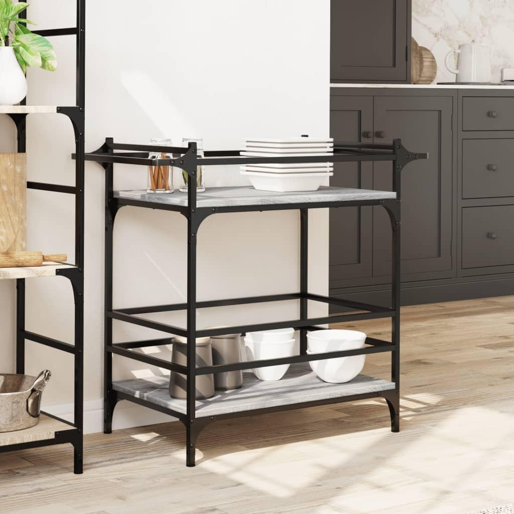 Carrello da cucina grigio Sonoma in legno e acciaio, 82 x 40 x 78,5 cm, con ruote, portasciugamani e molto spazio, carrello da portata per cucina, bagno, ufficio e stoccaggio
