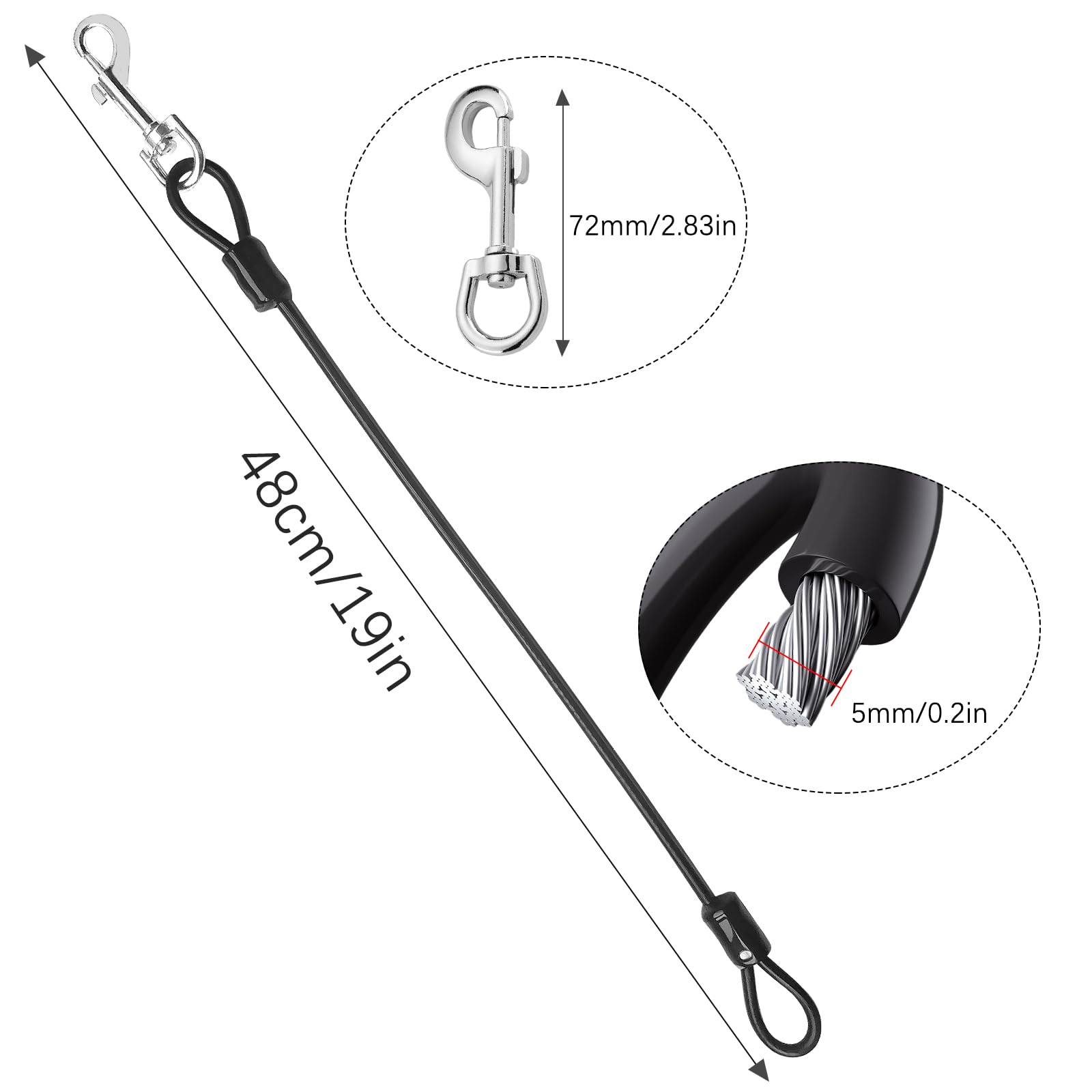 Chew Proof Dog Lead Leash,Steel Wire Heavy Duty 48 cm/19 inch Metal Cable Leashes Extension Rope,Chain Lead,for Small Medium Large Pet Dog - Image 2