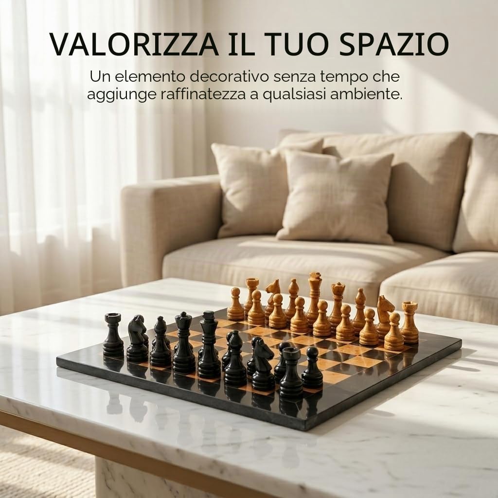 Radicaln Set di scacchi in marmo, 38 cm, nero e oro, gioco fatto a mano, 1 tavola e 32 pezzi, gioco da tavolo per 2 giocatori per adulti