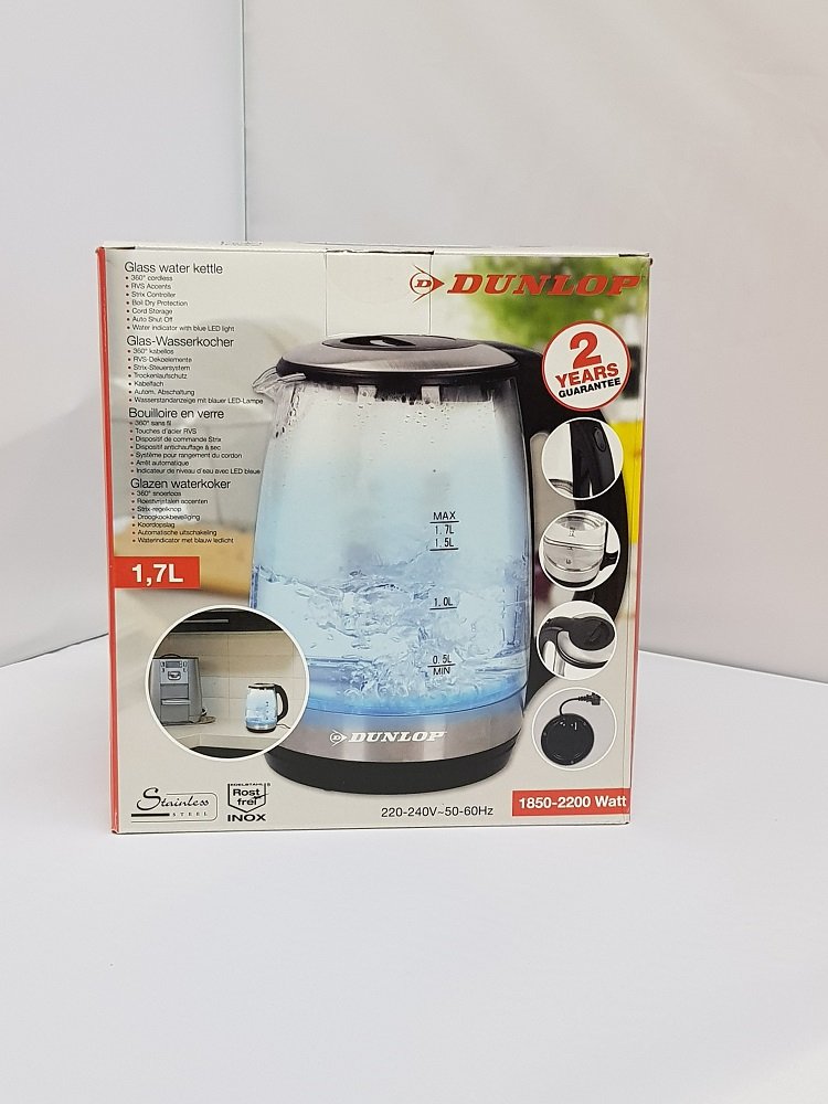 Dunlop 871125207222 hervidor de Agua, 2200 W, 1.7 litros, Vidrio, Blanco
