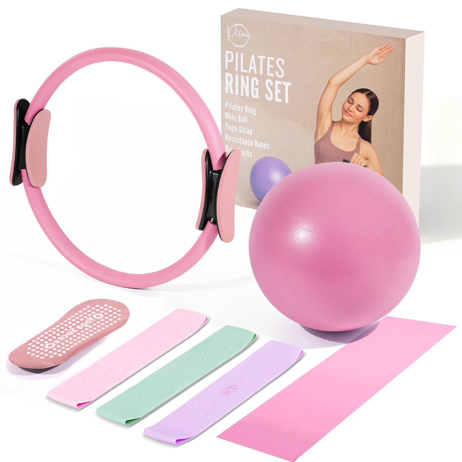 Pilates Ring Set - Premium14”Magic Circle with Dual Padded Handles - Includes Pilates Mini Ball & Highly Elastic Resistance Bands & Workout Guide & Yoga band (PI)-image-22