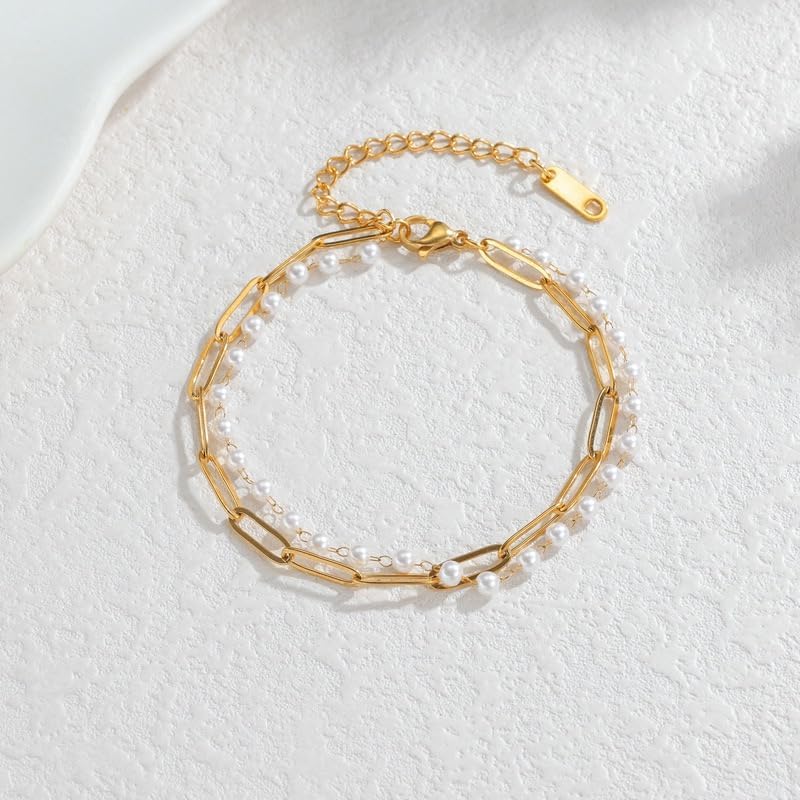 Gold Plated Stainless Steel Pearl Link Chain Bracelets for Women,Dainty Stack Pearls Beaded Paperclip Chain Charm Bracelets Set Layered Tiny Jewelry for Women 17.5+5CM - Image 2