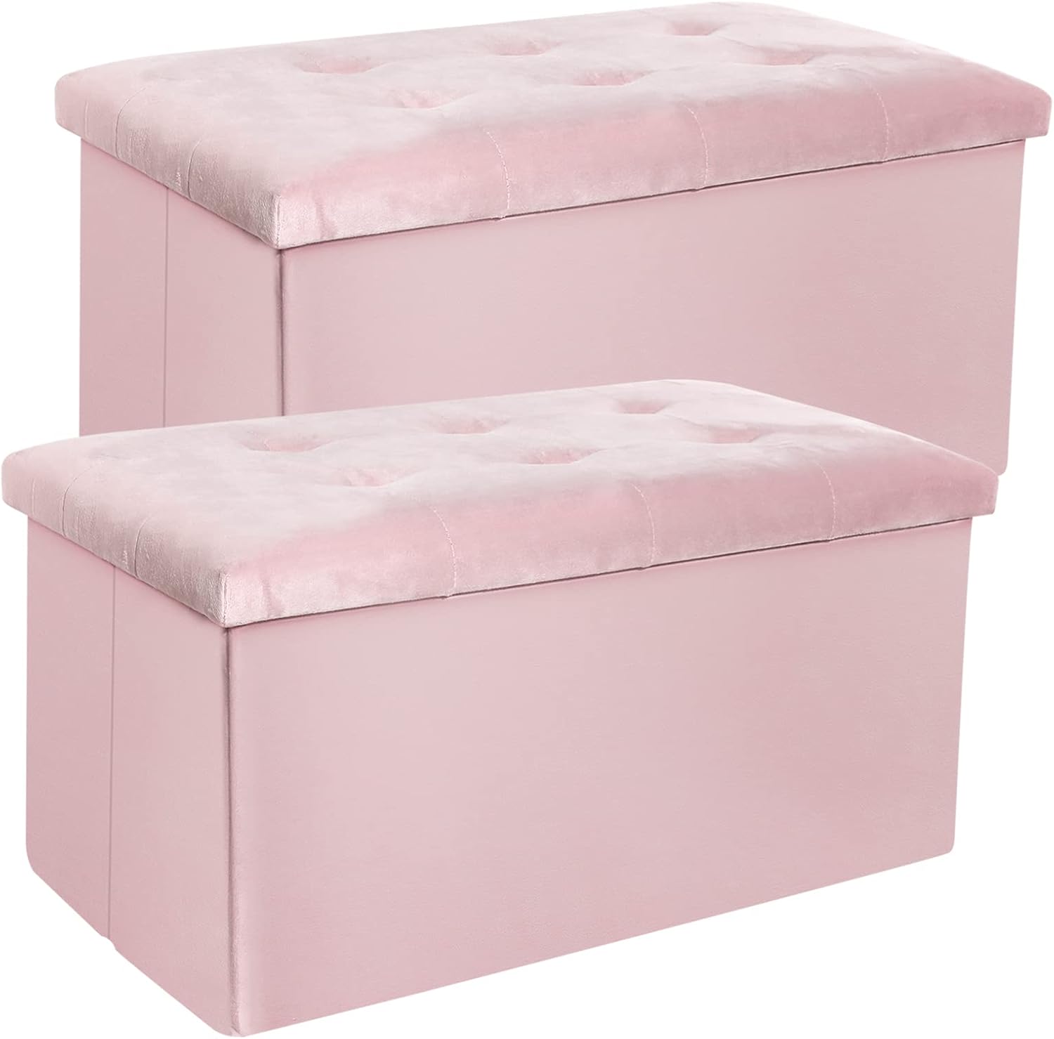 ECOMEX Storage Ottoman Cube,Velvet Tufted Folding Ottomans with Lid, Folding Small & Medium Ottoman Foot Rest with Storage for Bedroom,Light Pink 2pcs