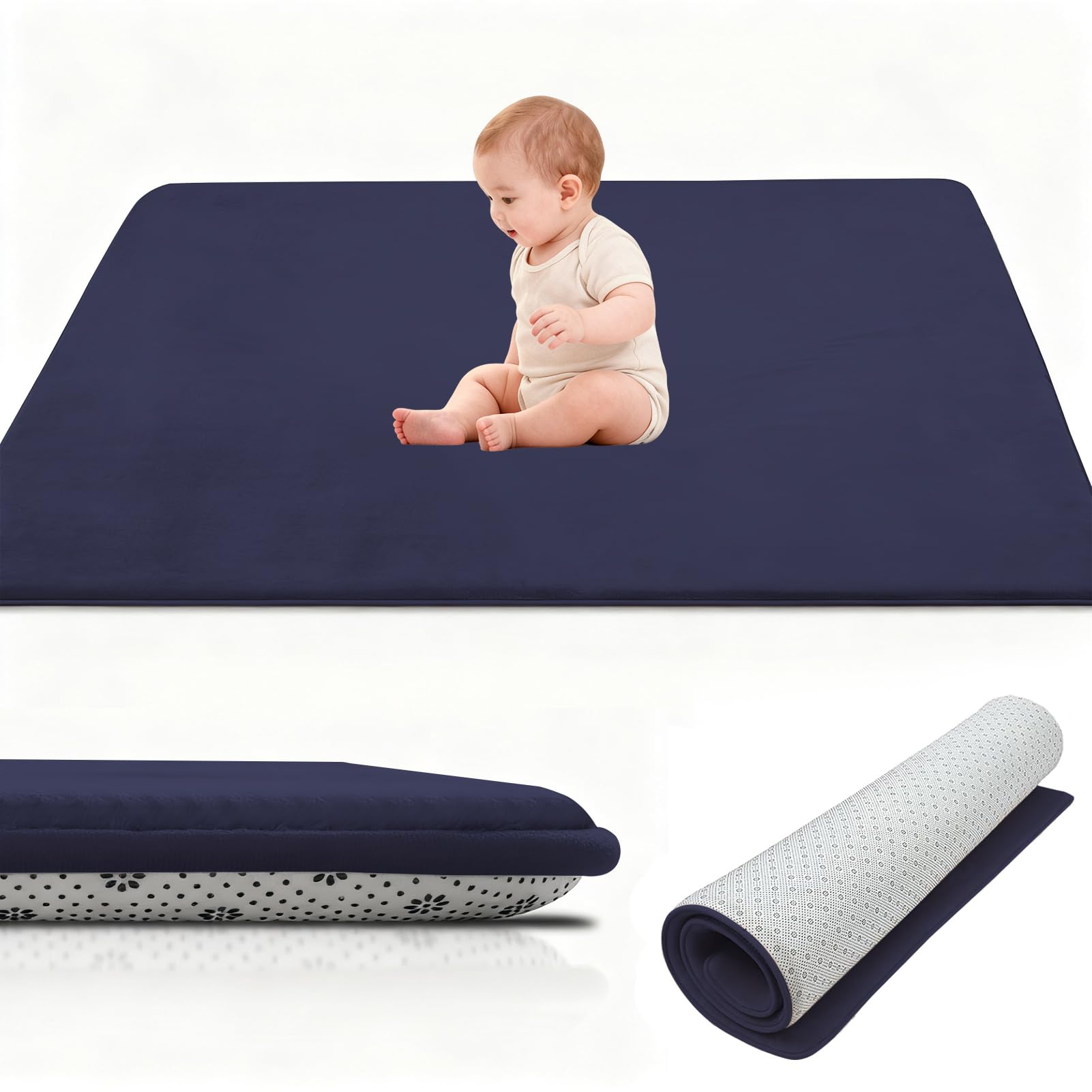 Stqyeiw Coral Velvet Thick Baby Play Mat, 2cm Memory Foam Rug, Baby Crawl Mat, Large Baby Activity Play Mat, Non Slip Children's Floor Tatami Rugs 130 x 190 cm Dark Blue