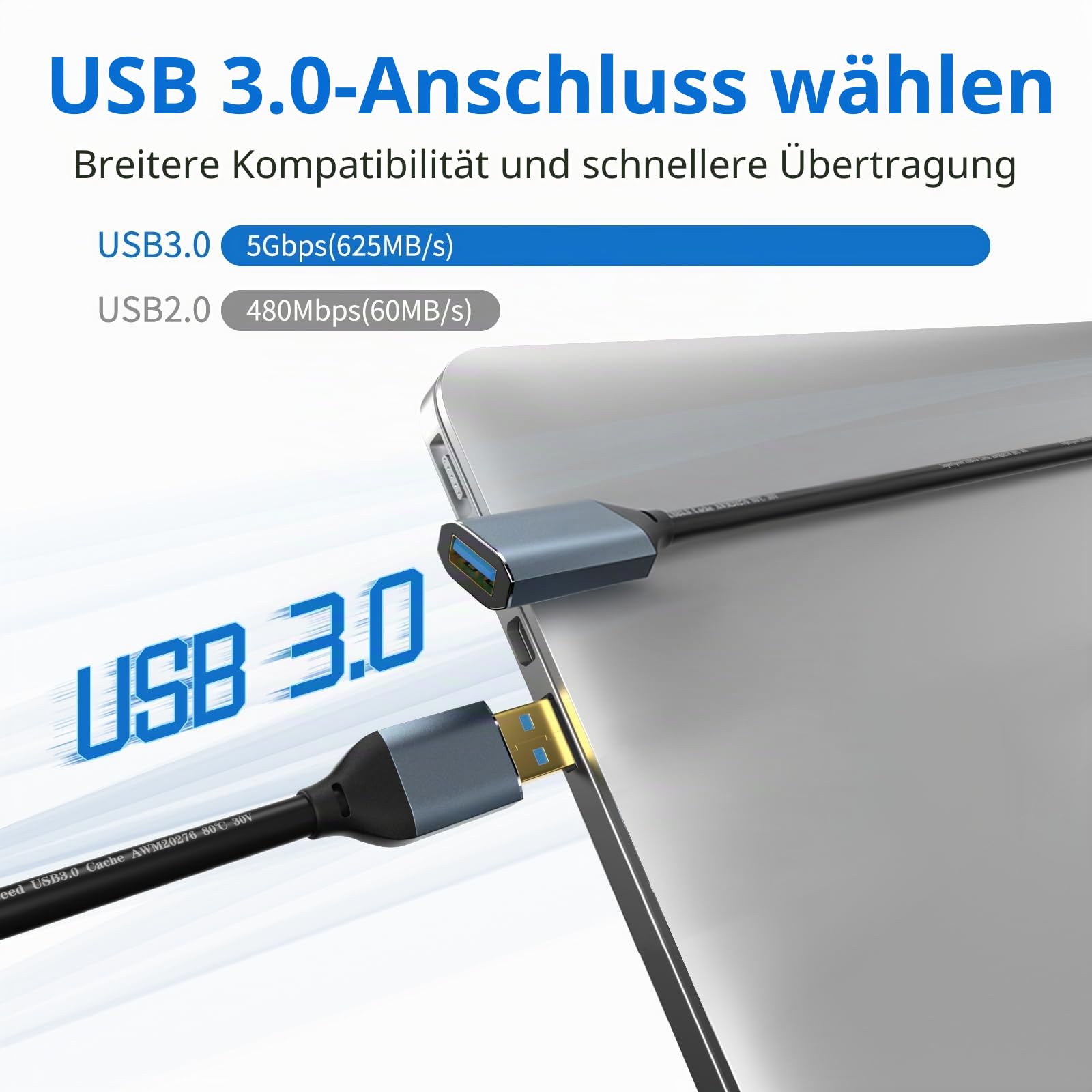 USB 3.0 Verlängerungskabel 5M Typ A Stecker auf Buchse Aktives Verlängerungskabel mit 1 Verlängerungs-Chipsatz, Signalverstärker und 1 USB-C-Ladeanschluss, für Webcam, Drucker, Kamera