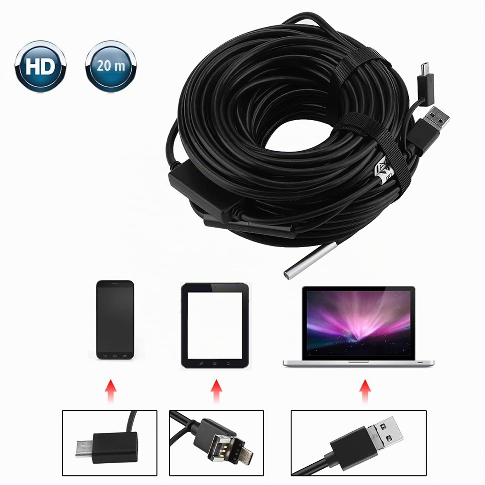 Telecamera di ispezione 20 metri 5,5 mm 3 in 1 USB/micro USB/Type-C endoscopio con 720P impermeabile per ispezione tubo auto