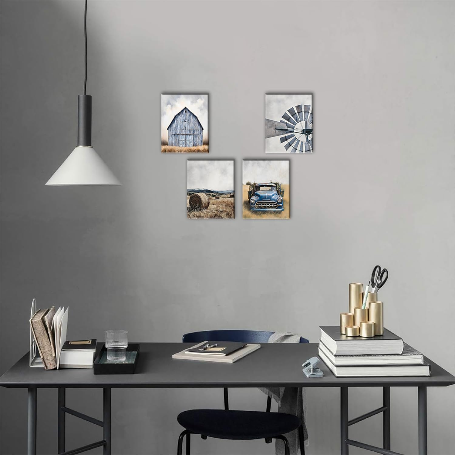 4 Set Framed Rustic Farmhouse Wall Art, Vintage Windmill, Classic Blue Truck, Hay Bale Field, Blue Barn Canvas Prints, Western Country Home Decor 8x10 Inch