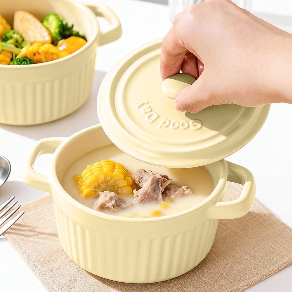 Mini Cocotte con tapa, cazuela pequeña de porcelana con asas, pequeños moldes de cerámica, cazuela pequeña para lasaña, soufflé, horno, microondas, lavavajillas (beige-L-2 unidades)