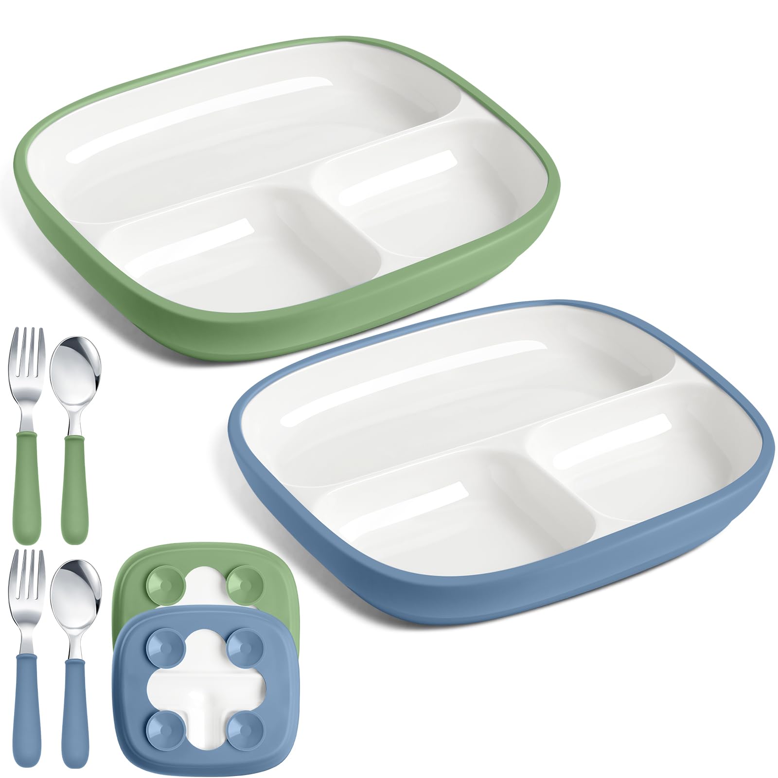 Photo 1 of **missing plates**
Teenyyou 2 Pcs 8.2" Large Kids Porcelain Plates with Silicone Sleeves Toddlers Divided Plates Extra Deep White Porcelain Dishes 2 Pack Spoons and Forks Set Microwave Dishwasher Friendly(Blue,Green)
