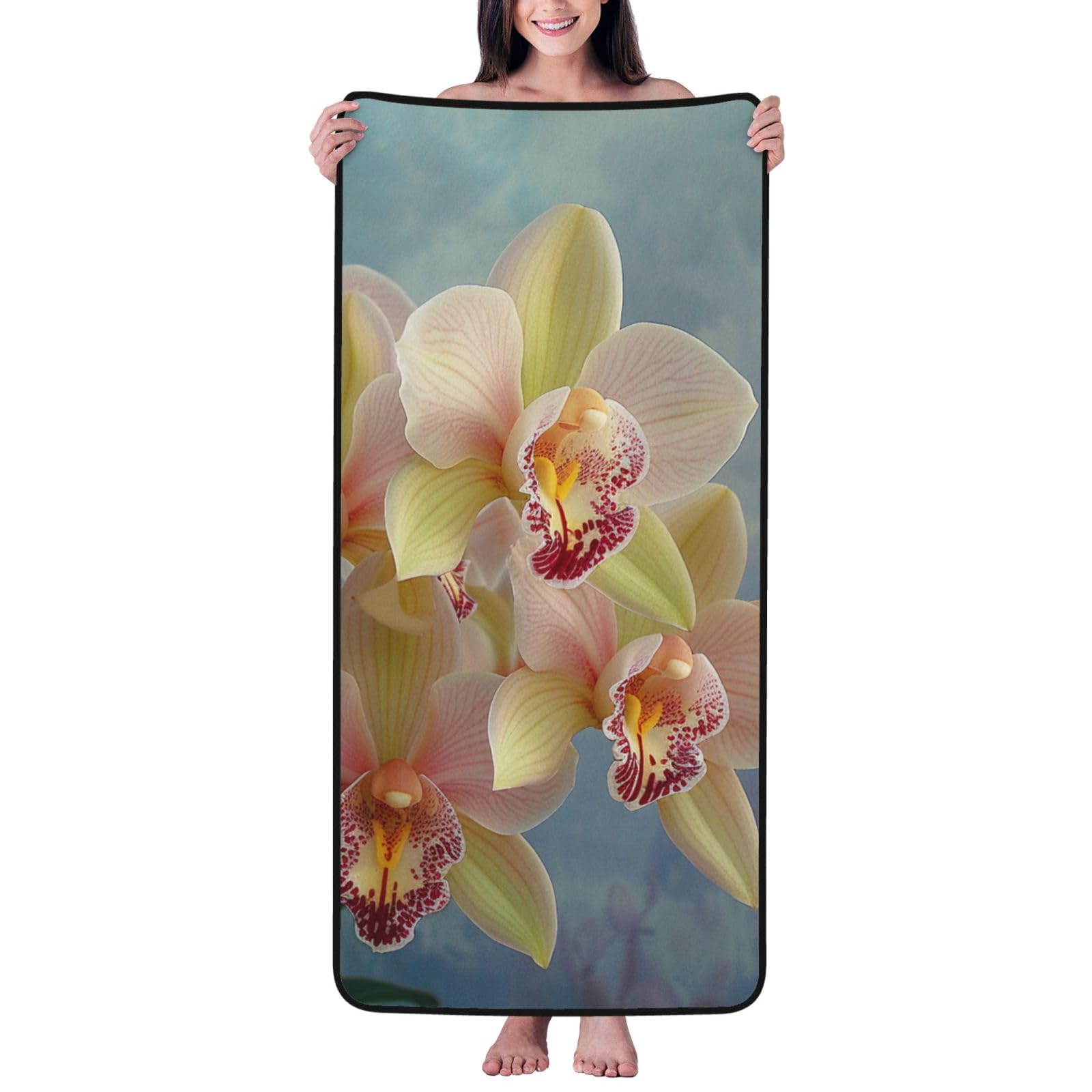 WPKJU Orchids Printed Bath Towel with Black Edging - 27x55 in Soft Extra Absorbent Coral Velvet Shower Towels for Bathroom