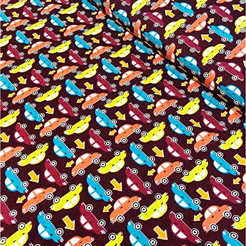 Fat Quarter | Brown, Red, Orange, Blue and Yellow 100% Egyptian Cotton Fabric, Quilting, Patchwork, Colourful Retro Cars Road Sign Arrow Theme, Children Fabrics 45 cm x 55 cm