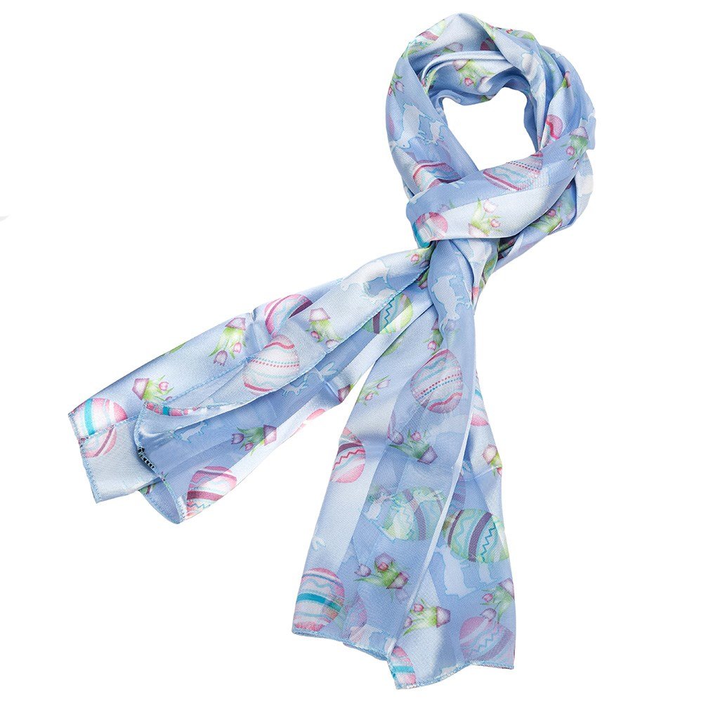 Pastel Blue Easter Silk Feel Scarf with Eggs, Bunnies and Flowers
