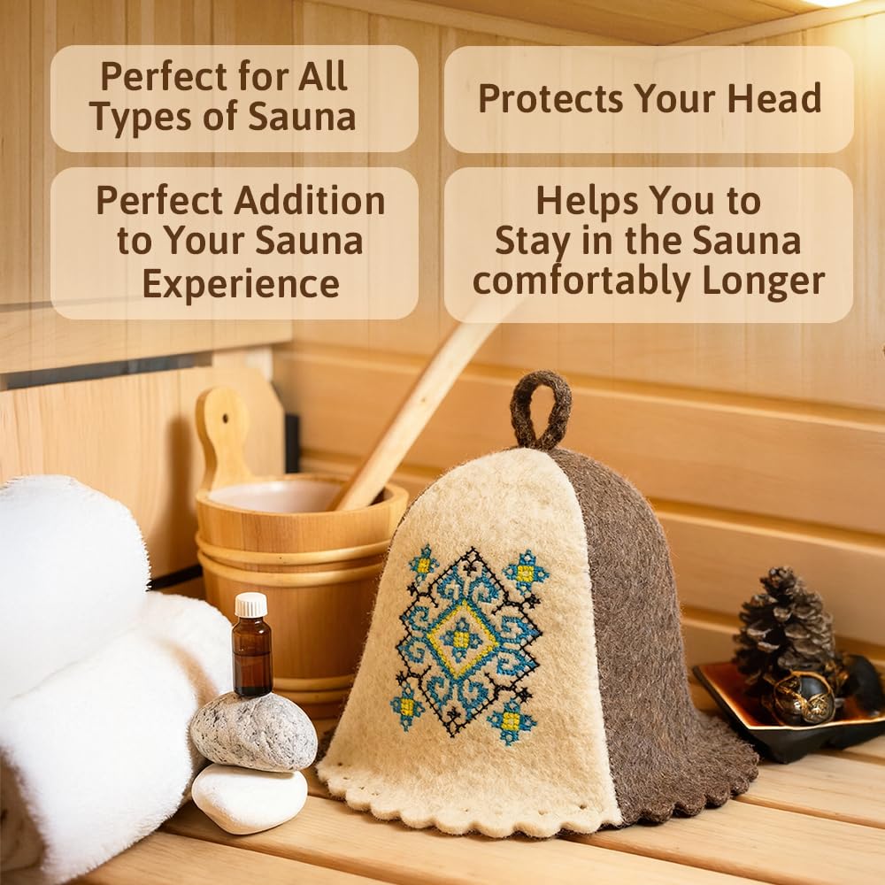 SHSH trade group Sombrero de sauna de lana ucraniana Bordado Ornamento Azul Vyshyvanka,Sombrero de sauna Finlandés,Sombrero de sauna para hombres,Sombreros de sauna ruso