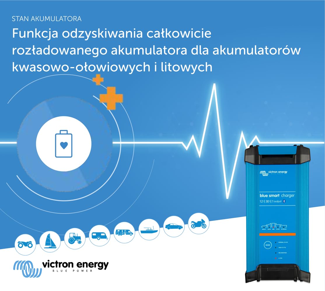 Victron Energy Blue Smart IP22 12-Volt 30 amp 230V, Jedno Wyjście Ładowarka do Akumulatorów CEE 7/7, Bluetooth