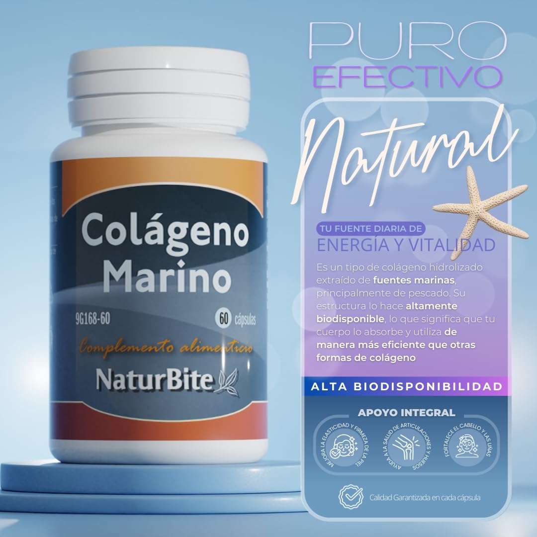 Colágeno Marino Hidrolizado NaturBite – Proteína de Colágeno de Pescado – 240 Cápsulas – Complemento Alimenticio para Piel, Cabello, Uñas y Articulaciones