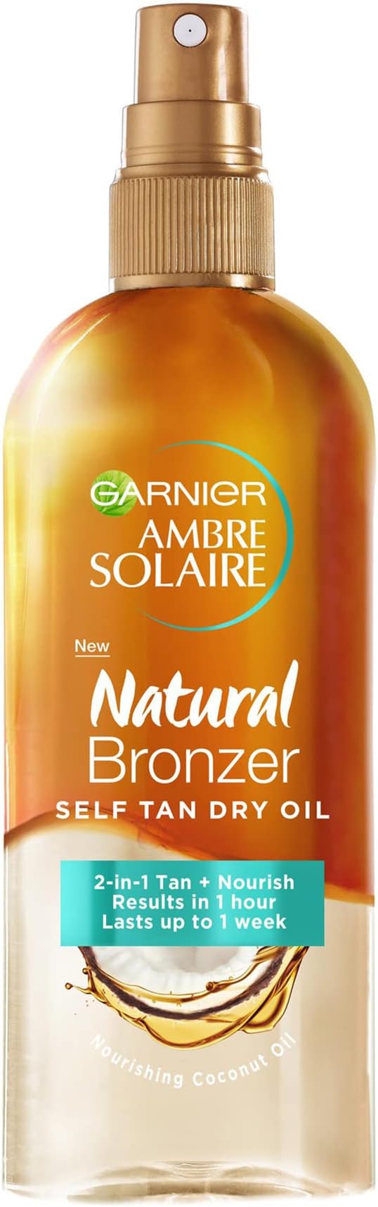 Garnier Ambre Solaire Natural Bronzer Self Tan Dry Oil 150ml,2-in-1 Oil Enriched With Coconut Oil,Nourishes Skin & Leaves A Luminous Fake Tan,Natural Streak-Free Result,Lasts Upto 1 week,Vegan Formula