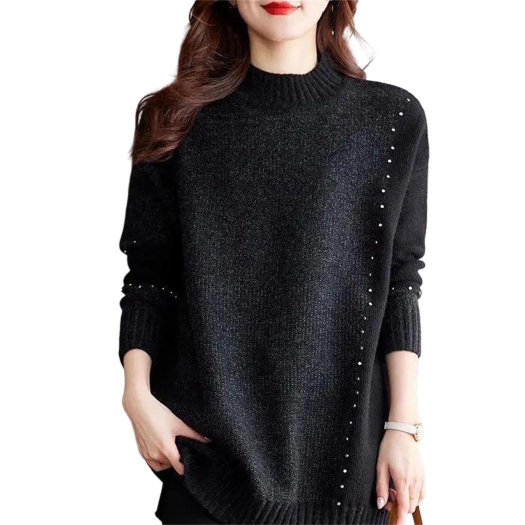 Womens Long Sleeve Knitted Sweater Splicing Beads Winter Lazy Style Fashion Holiday Party Jumper