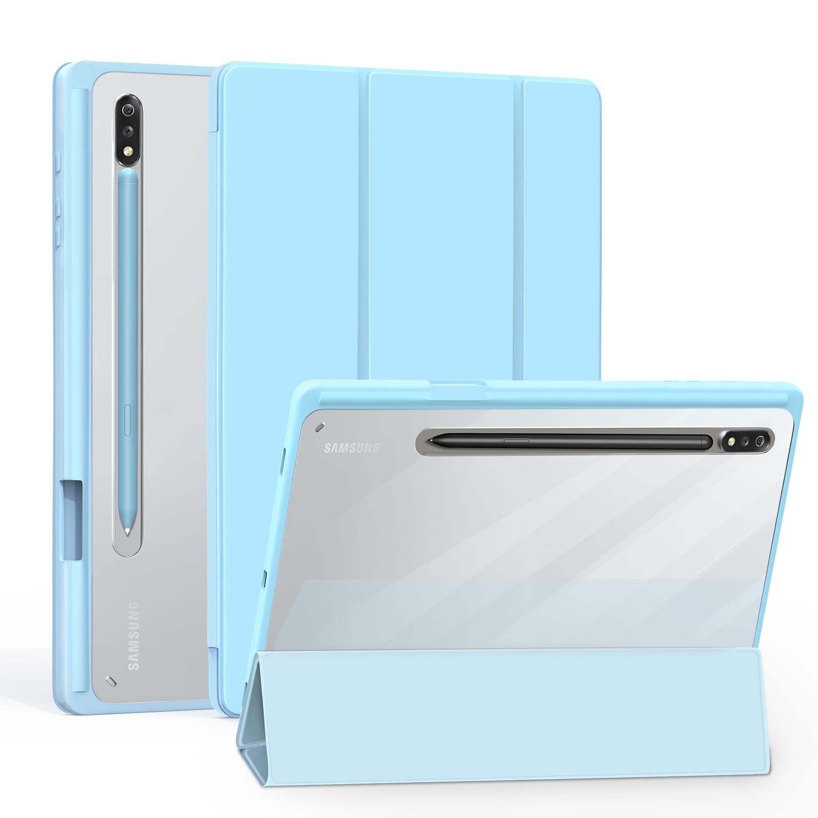 SSS·GRGB Case for 12.4 Inch Samsung Galaxy Tab S8 Plus 2022/S7 FE 2021/S7 Plus 2020 with S Pen Holder, PC Transparently Back, Tri-Fold Folio Stand Protective Cover, Auto Wake/Sleep(Light Blue)