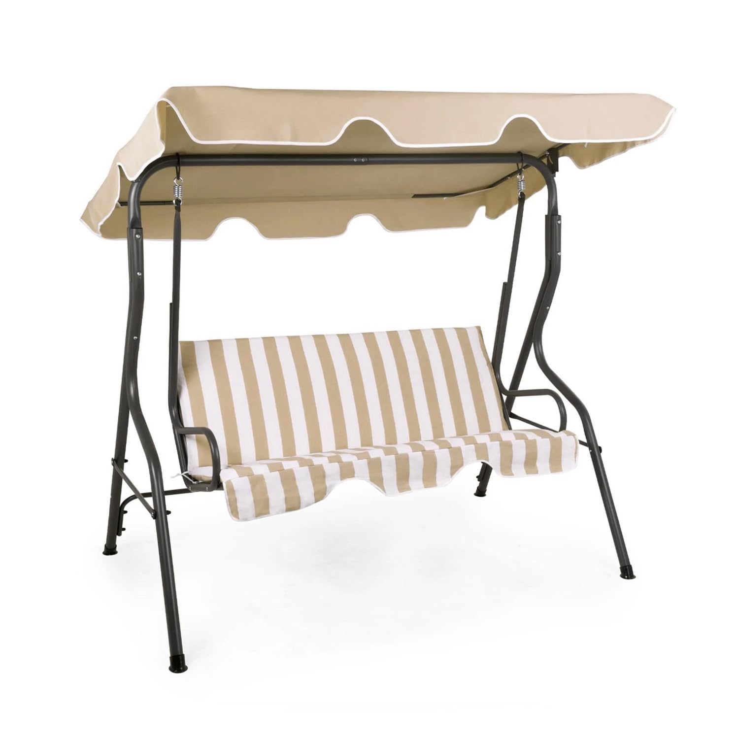 Dondolo da Giardino 3 Posti con Tettuccio – Dondolo da Esterno in Acciaio Antracite con Seduta Beige, Struttura Robusta e Copertura Regolabile per Terrazzo, Patio, Giardino