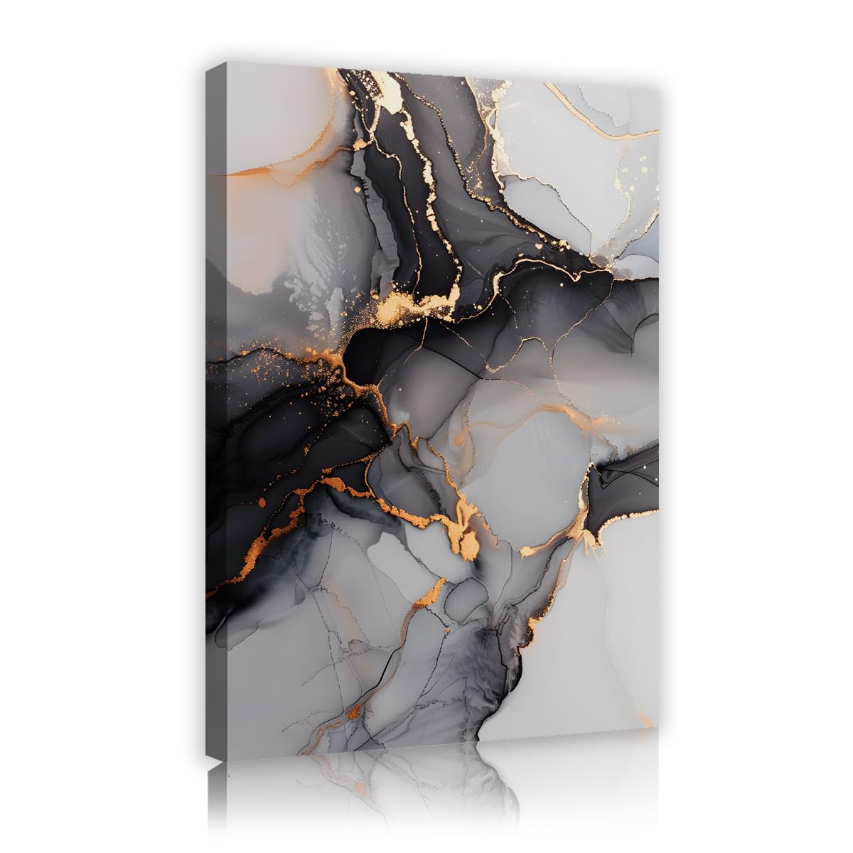 Via Vela Black Gray and Gold Canvas Wall Art, Modern Living Room Wall Decor, Abstract Painting Art Poster, Luxury Fluid Ink Canvas Prints, Ready to Hang 70x105cm