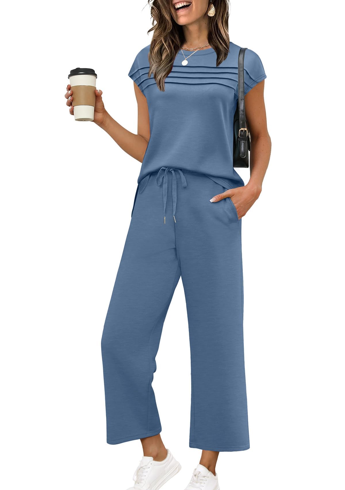Desol Set estivo casual da donna in due pezzi, maglietta a maniche corte con arricciatura e pantaloni larghi, comoda tuta in tessuto elasticizzato per il tempo libero, l'ufficio e le vacanze