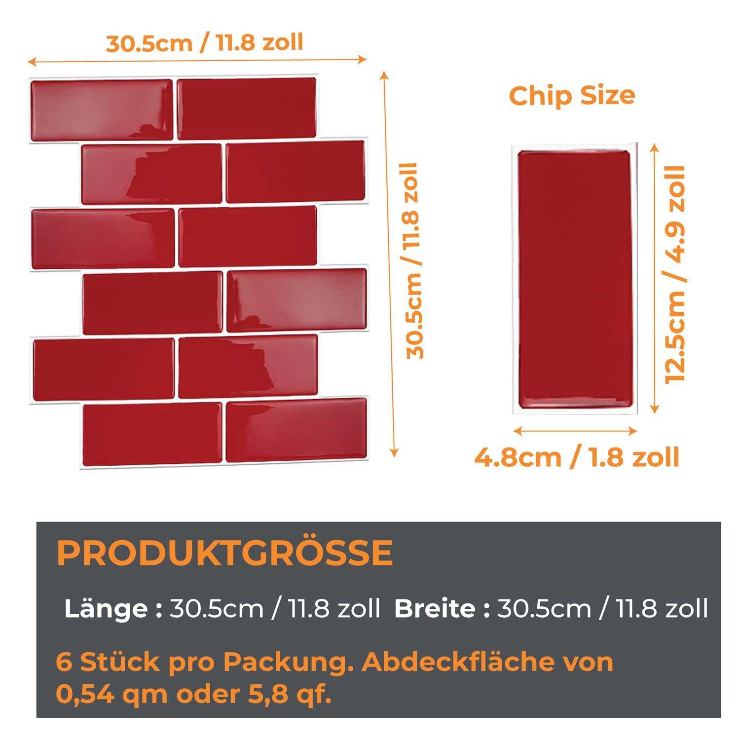 WALPLUS - Lote de 6 azulejos adhesivos de cocina, 30,5 x 30,5 cm, adhesivos de pared para cocina, extraíble, azulejos adhesivos de pared, color rojo cereza
