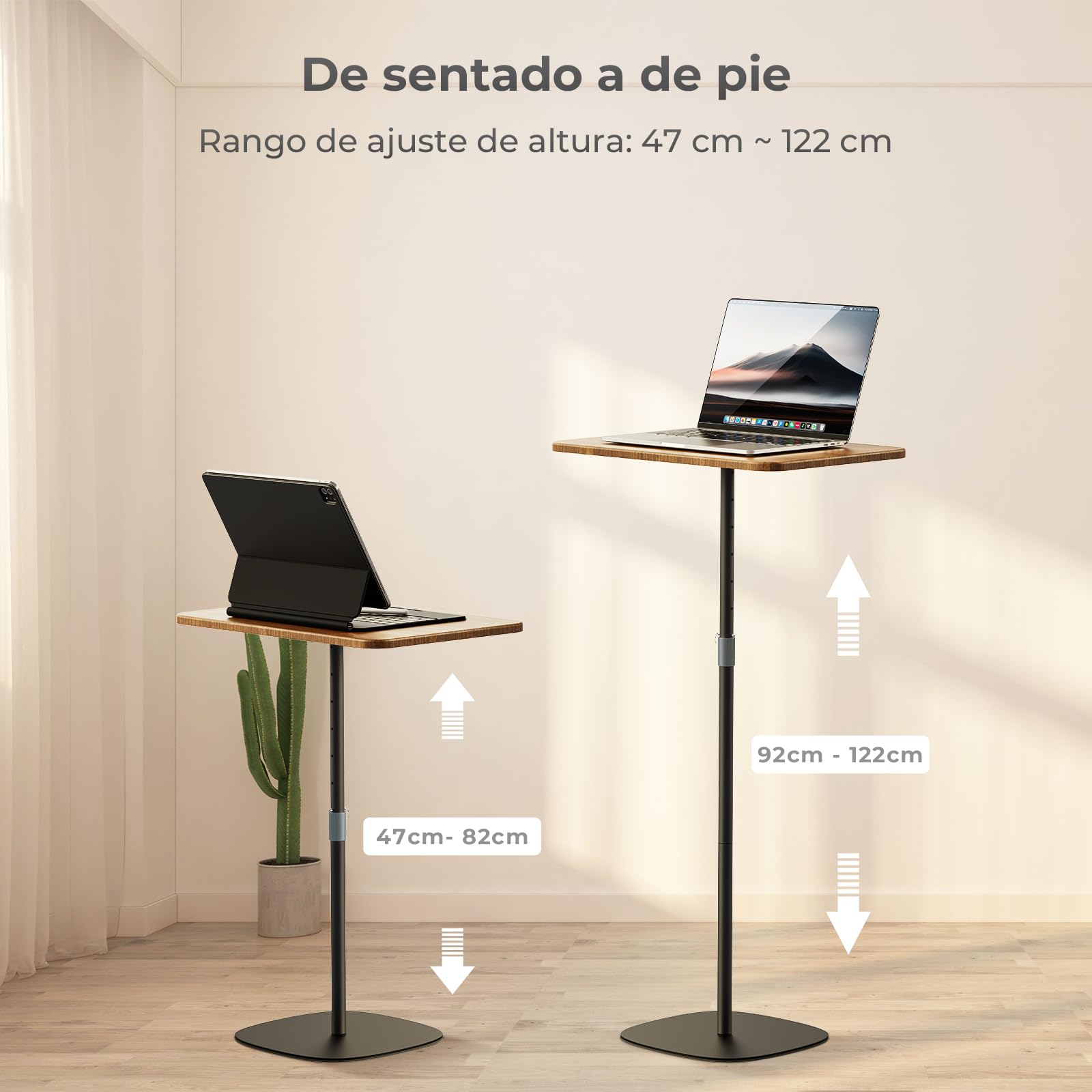 Soporte Portátil para Laptop, Mesa de Cama/Sofá con Altura Ajustable de 47 cm a 122 cm, Elegante Escritorio de Madera, Podio Móvil para Hogar, Oficina, Escuela, Color Nogal