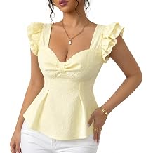 Fcteap Coquette Yellow Peplum Top Women Sweetheart Neck Bow Front Ruffle Strap Floral Jacquard Summer Blouse Balletcore Cute