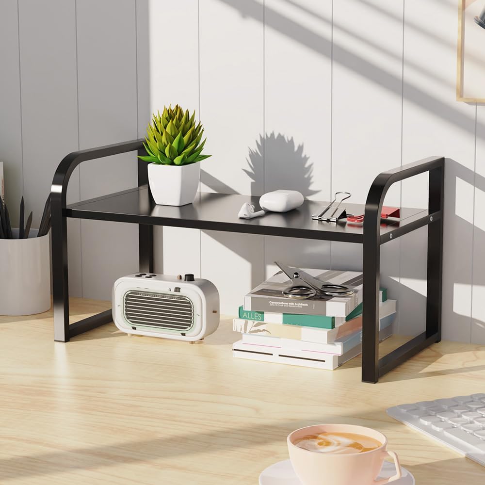 Office Desk Shelf Organizer, Wood Desktop Bookshelf Supplies Storage Rack, Shelf for Top Desk Dresser and Cubicle Decor Bookshelf Monitor Stand Riser (Black Black-single Tier, 15.75 Lx7.87 Wx8.46 H)