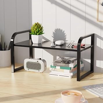 Office Desk Shelf Organizer, Wood Desktop Bookshelf Supplies Storage Rack, Shelf for Top Desk Dresser and Cubicle Decor Bookshelf Monitor Stand Riser Black Black-single Tier, 11.81 Lx7.87 Wx8.46 H