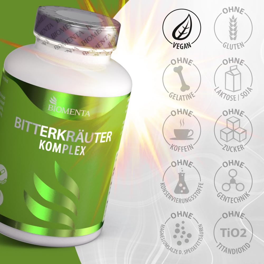 BIOMENTA Bitterkräuter Komplex - 185 hochdosierte, synergetisch zusammengestellte Bitterstoffe Kapseln mit 7 Bitterkomplex - ohne Alkohol + vegan - Premiumqualität