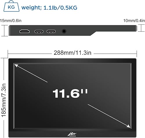 Miniatura 3 de Kenowa Monitor portátil de 11.6 pulgadas, pantalla HD 1366x768P, pequeño monitor HDMI con doble USB CHDMI pantalla externa para computadora